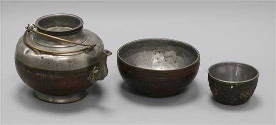 A Chinese coconut shell and pewter mounted tea set tallest 11cm